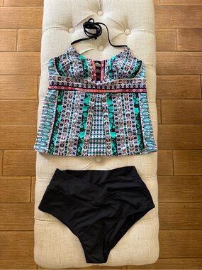 Nanette Lepore Multicolor Tankini Top w Crz Yoga Black High-Waist Bottoms M